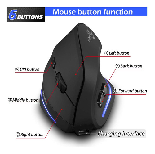 Mouse Sem Fio Zelotes Vertical Recarregável 2400 Dpi