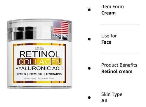 Arvesa Crema Facial Retinol Con Colágeno Ácido Hialurónico