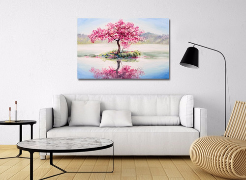 Árbol Rosa En Lago Tipo Oleo Gde Cuadro Canvas Con Marco