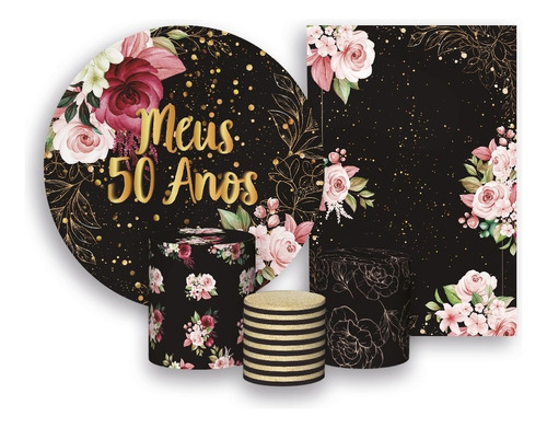 Kit 2 Painéis De Festa + Trio Capa - Floral Meus 50 Anos