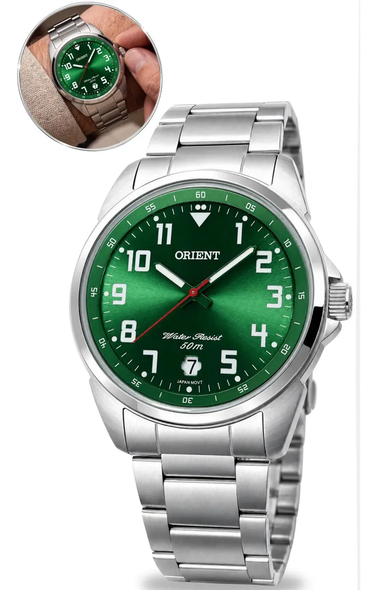 Relógio de pulso Orient Analógico com Correia de aço inoxidável cor prata fundo verde