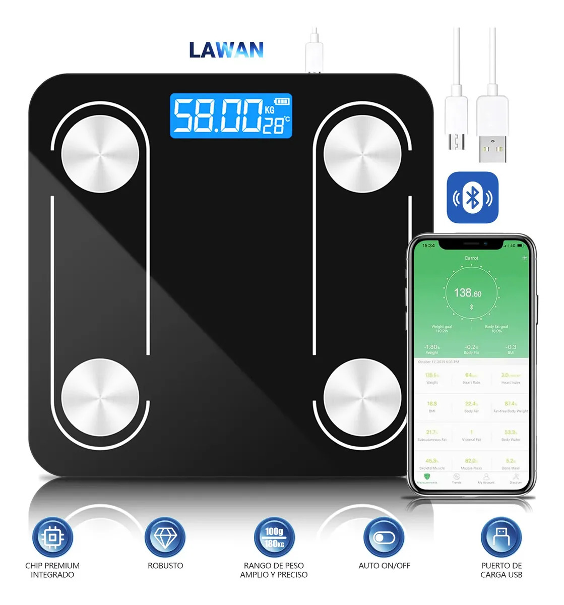 Báscula Inteligente De Grasa Corporal, Recargable Usb, Detecta Datos De Salud, Medición Precisa Con Panel De Vidrio Delgado Y Elegante, Transmisión Bluetooth A App Móvil - LAWAN