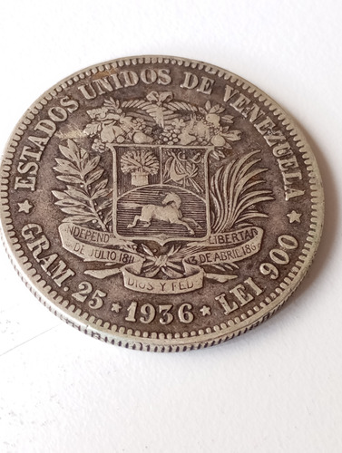 Moneda De 5 Bs Fuerte De Plata De 1936
