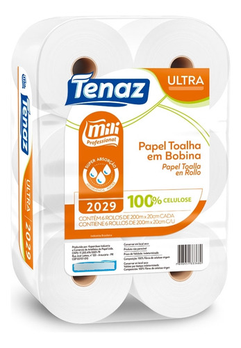 Papel Toalha Bobina Tenaz Ultra 24g 6 Rolos 200mx20cm Mili