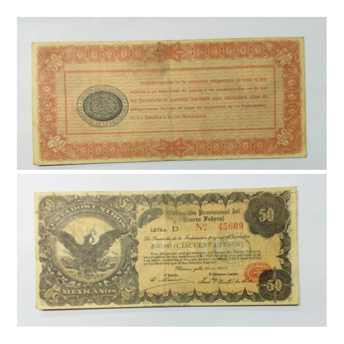 Billete Antiguo $50. Bonos Del Tesoro (oro Mexicano;6%)1914.