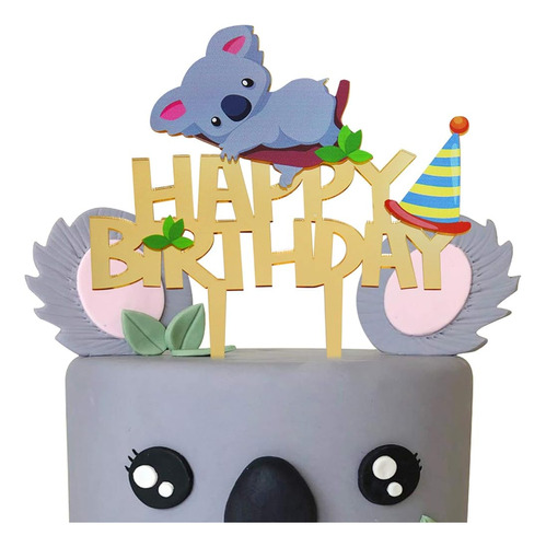 Adorno De Pastel De Feliz Cumpleaños De Koala Acrílico Dorad