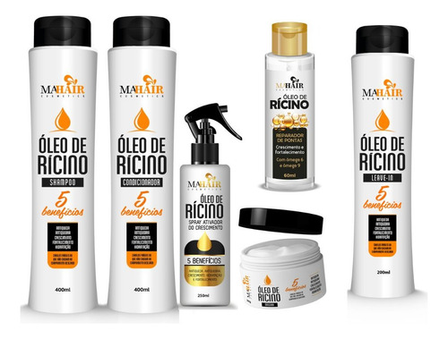 Kit 6 Itens Tratamento Capilar Completo Oleo Ricino Mahair