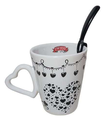 Set Taza Cerámica Corazones Negros Y Cuchara De Regalo