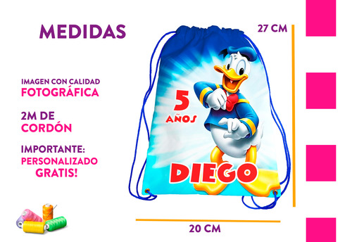 Morralito Cumple Recuerdo Bolo Pato Donald Personalizado 35u