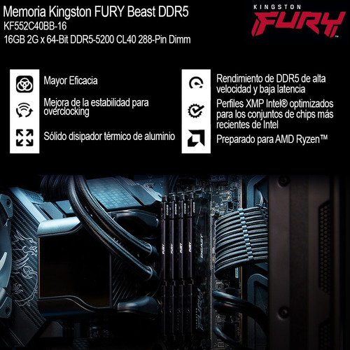 Imagen 3 de 5 de Memoria Ram 16gb 1x16 Kingston Fury Beast Ddr5 5200mz