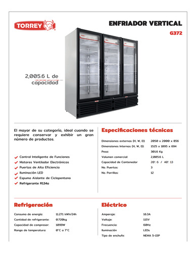 Refrigerador Vertical Torrey G372 72 Pies 3 Puertas Reyfri