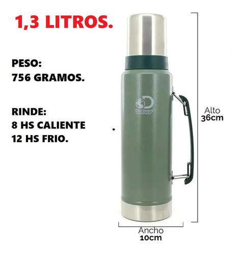 Termo Discovery De Acero Inoxidable 1.3 Litros Mate Camping Color Verde