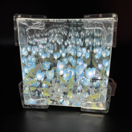 Lámpara Cubo Espejo Tulipanes Infinitos P/armar Usb 12cm Celeste
