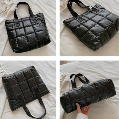 Tote Bag Carteras De Mujer Cartera Puffer Bolsos Grande Color Plateado Correa De Hombro Negro