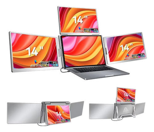 Mr. Gadgets Triple Monitor Portatil Para Laptop 14 Pulgadas, Modelo S780, 16:10 1200p, Ips, Usb C, Usb A, 1 Cable 3 Pantallas, On The Desk, Srgb 100%, Compatible Con Windows, Mac Os, M1, M2, M3, M4