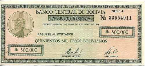 Bolivia Cheque 500.000 Bolivianos 1984 Resellado Ex Palermo