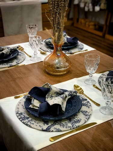 Kit Mesa Posta Jantar 8 Lugares Toile De Jouy Azul Em Linho