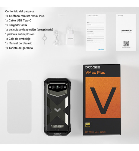 Doogee V Max Plus 16gb 512gb Negro Dual Sim 5g Smartphone Robusto 22000mah 200mp Camera 120hz Dimensity 7050 Android 14