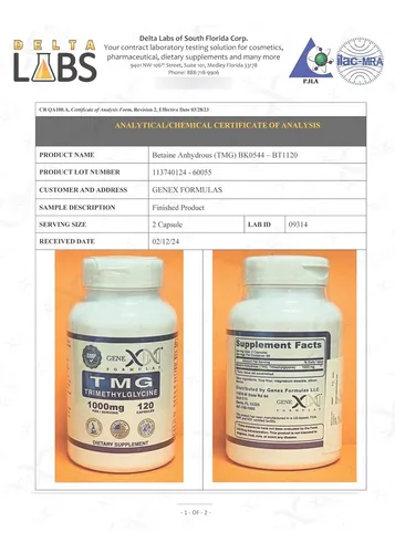 Genex 1000mg Tmg Suplementos (120 Cápsulas) Betaína Anhidra Trimetilglicina 1000 Mg Suplemento Hepático Para Nive