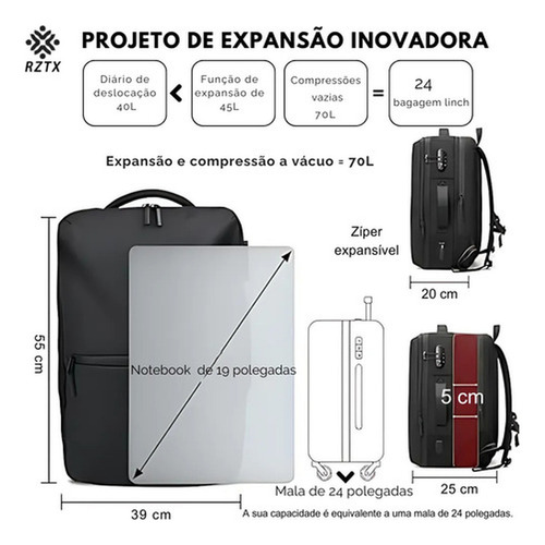 Bolsa de viagem expansível 45L TSA modelo 152A RZTX cor preto fosco