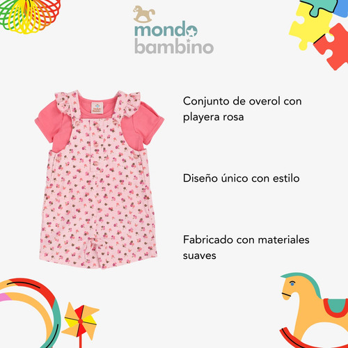 Conjunto Overol Flor Y Playera Mondo Bambino Para Bebé Niña Rosa Flores 12 M