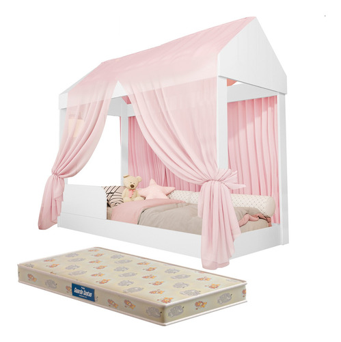 Berço Cama Infantil Montessoriana Crystal Com Colchão E Voal Cor Branco