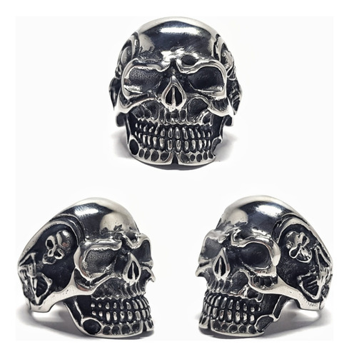 Anillo Calavera Esqueleto Cadaver Tallado En Acero Inox. 316 Plateado 18mm