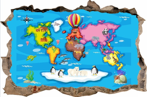 Vinilos Efecto 3d Pared Rota Mapa Animales - 1m X 60cm