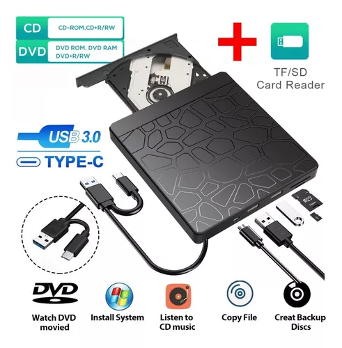 Unidad de DVD externa USB 3.0 tipo C USB C portátil CD/DVD +/-RW Unidad de  disco Reproductor de DVD externo para portátil CD/DVD ROM Grabador Lector