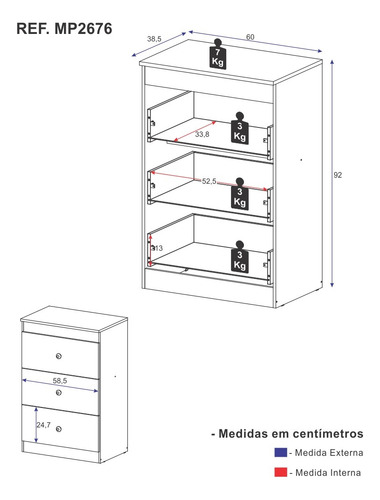 Cômoda Infantil com 3 Gavetas Doce de Leite Multimóveis MP2676 Madeirado/Branco