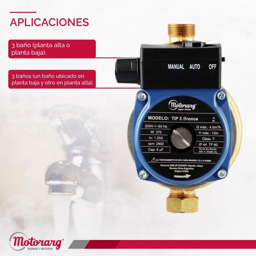 Imagen 5 de 12 de Bomba Presurizadora Motorarg Tip 2 Bronce 3 Baños 270 Watts