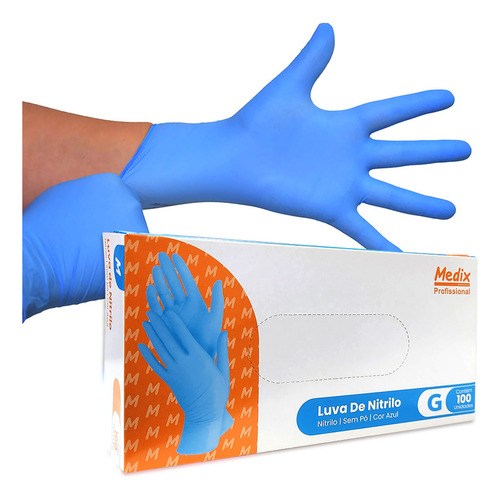 Luva Descartável Nitrílica Azul Sem Pó 10 Caixas C/100 Unid Tamanho G Medix