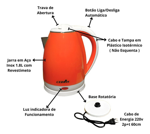Chaleira Elétrica Inox 1.8l Jarra 220v Potência De 1500w Cor Laranja Cedros Ced-2022 Com Base Rotatória Aquecedor De Água Desligamento Automático Café Chá Chimarrão