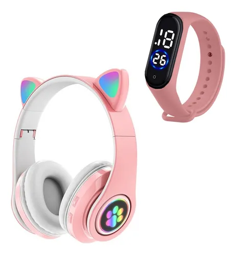 comprar Fone Ouvido Gatinho Bluetooth Adulto Crianças + Relógio Led