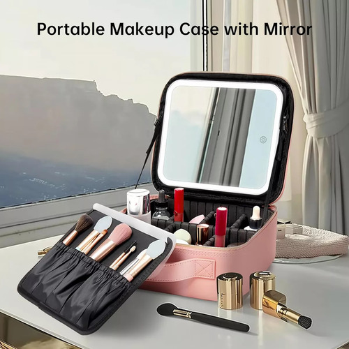 Maletin Estuche De Maquillaje Con Espejo Y Luz Led 3 Modos Rosa