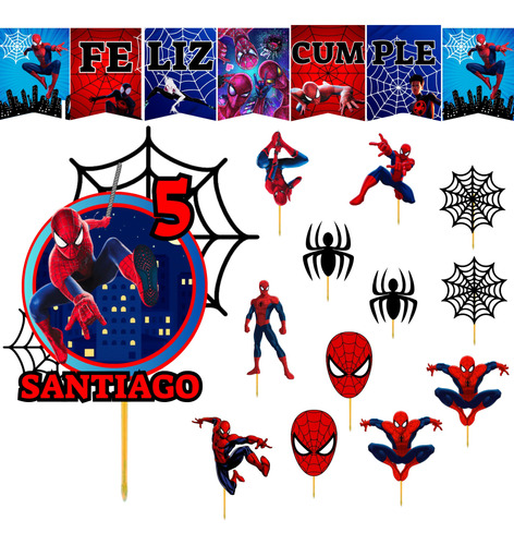 Pack Banderin Topper  Y Pinchos Personalizado Spiderman