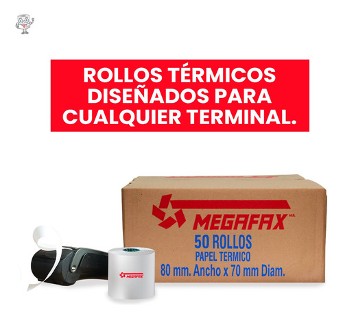 50 Rollos Papel Térmico 80x70 Impresora 80mm Blanco Megafax Blanco