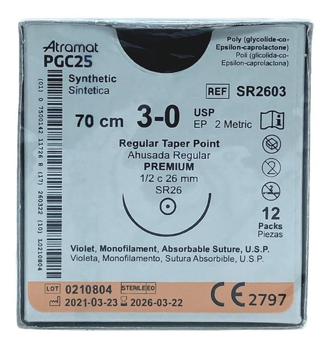 Sutura Pgc25 3-0 1/2 Ahusada Regular 26mm 70cm Sr2603 