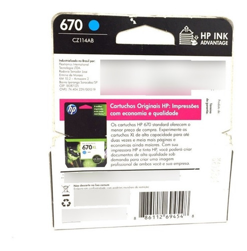 Imagem 3 de 4 de Cartucho De Tinta Hp 670 Ciano Vencido