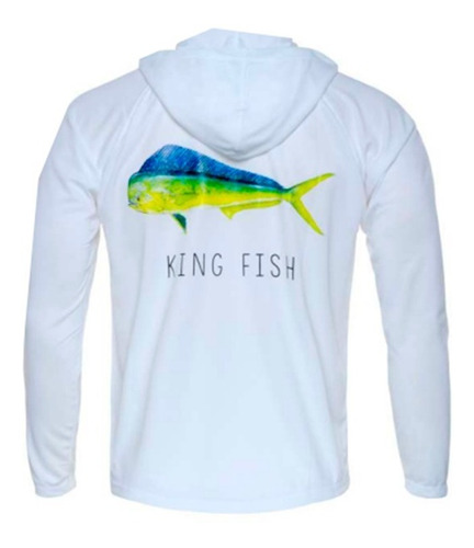 Remera Pesca King Fish Especial Capucha Uv50 Blanco Pez Mahi