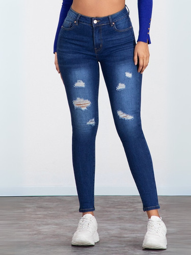 Jeans Azul Roto Push Up Tiro Alto Diseño En Bolsas 2309-2