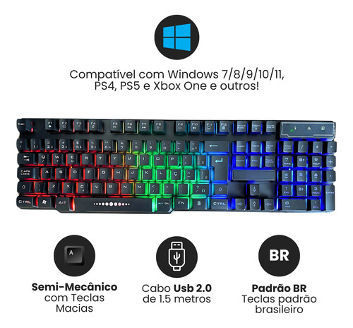 Teclado Gamer Semi Mecânico Led Rgb Abnt2 Usb Pc Ps4 Xbox