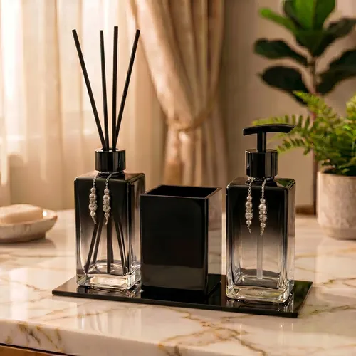 Kit De Banheiro Difusor + Saboneteira + Porta Escova  E Base Preto Degrade C/ Válvula Preta