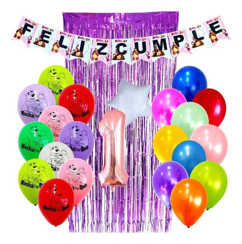 Combo Kit Deco Fiesta Globos Masha Y El Oso Impresos+numero