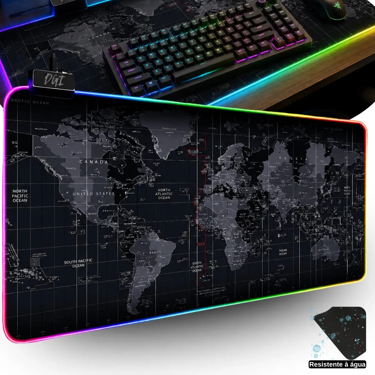 Mousepad Gamer Mapa Mundo Mundi Grande Com Led Rgb 11 Efeitos 80x30 Cm Digital Informatica