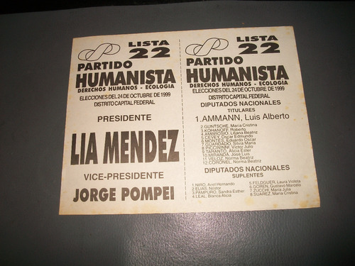 Partido Humanista . Boleta Electoral 24/10/1999 .