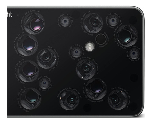 Cámara digital Light L16 compacta avanzada negra, sensor CMOS, Wi-Fi, grabación de video, enfoque manual y autofoco, con flash incorporado.