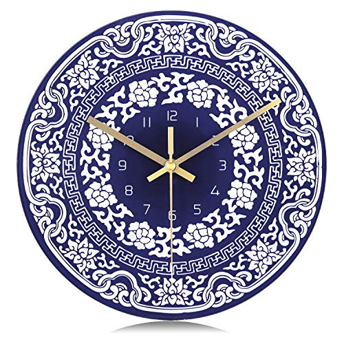 Reloj De Pared De Vidrio De Porcelana Azul Y Blanco Retro La