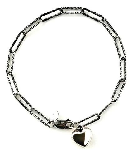 Pulsera Corazón Y Eslabones Machacados, Plata 925 Envejecida