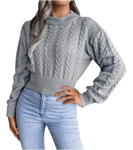 Suéter Dama Casual Corto Crop Manga Larga Tejido Trenzado